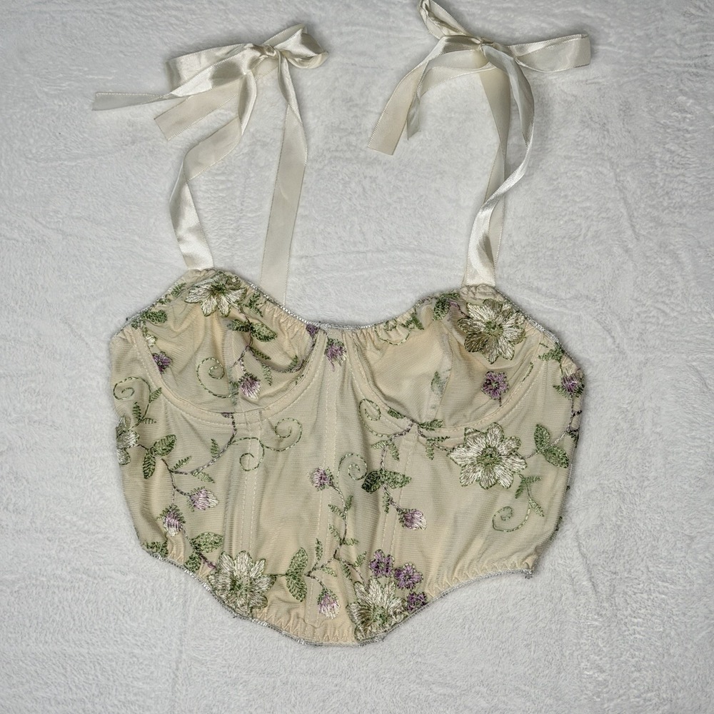 ROMWE Floral Embroidered Corset Top Cottagecore Coquette Fairycore S Festival